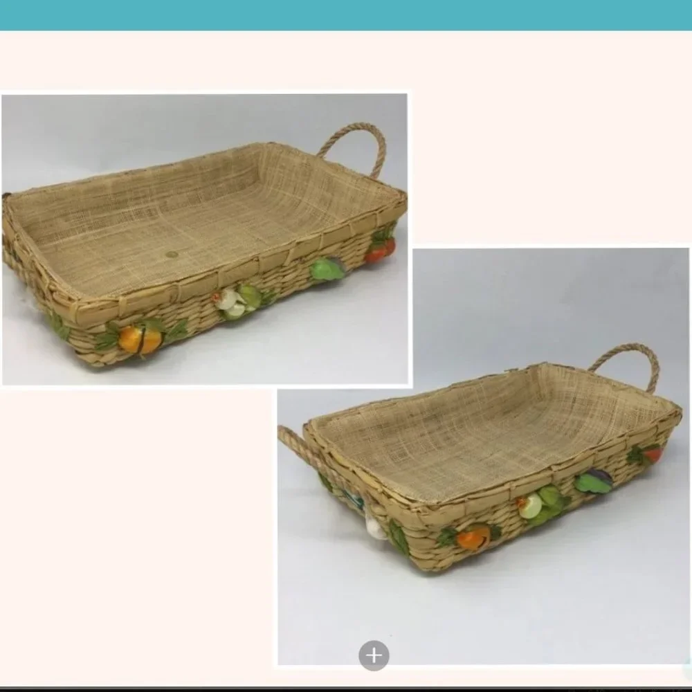 Vintage Straw Tray Decorative Fruit Baskets Set of 2 1960'S